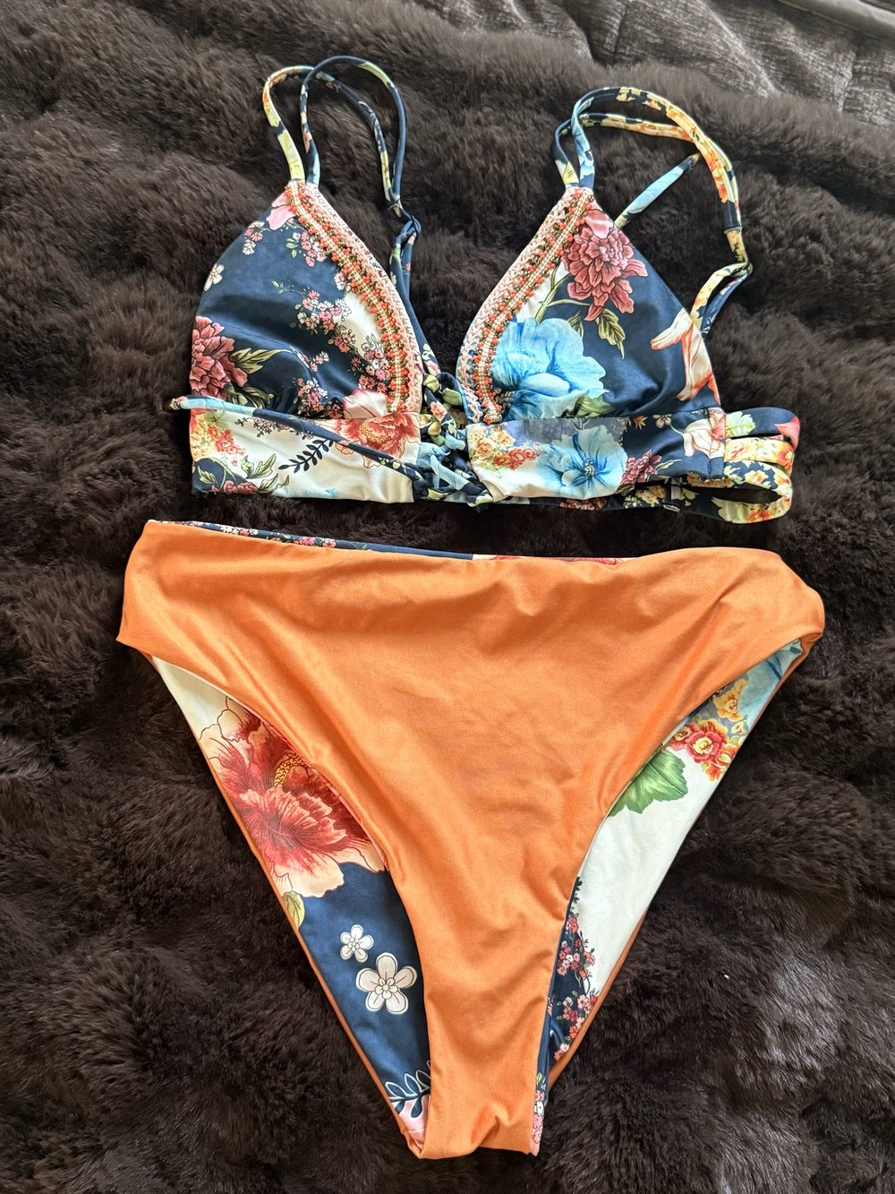 Agua Bendita High Waisted Floral Two-Piece Bikini Set in Navy & Orange - Picture 3 of 4